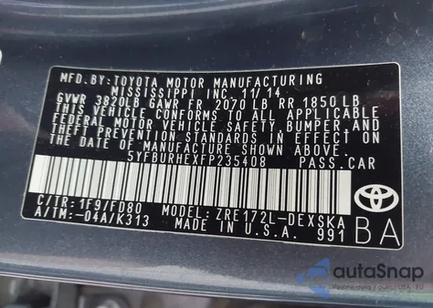 2015 Toyota Corolla S Plus z USA, uszkodzony, nr VIN 5YFBURHEXFP235408